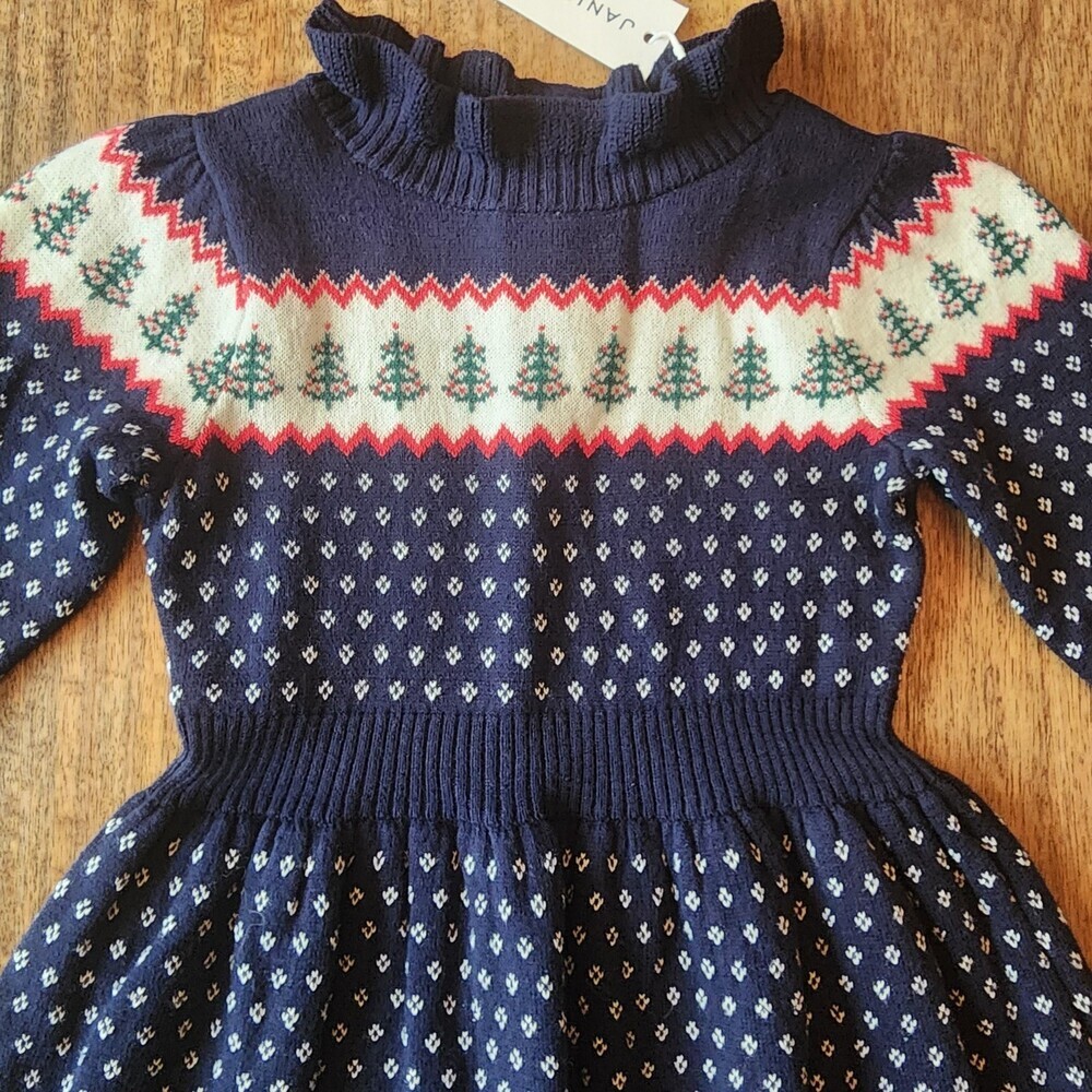 Janie And Jack Dress Girls 18-24 Months Blue Sweater Fair Isle Trees Winter Knit - Picture 11 of 15